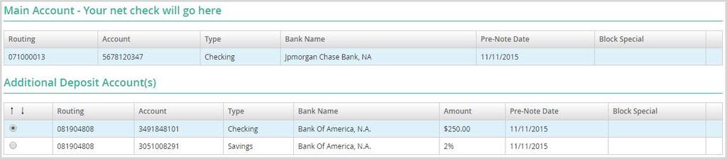 DIRECT DEPOSITS Select the Direct custom sample file from the Web Link Help screen to add three direct deposit accounts.