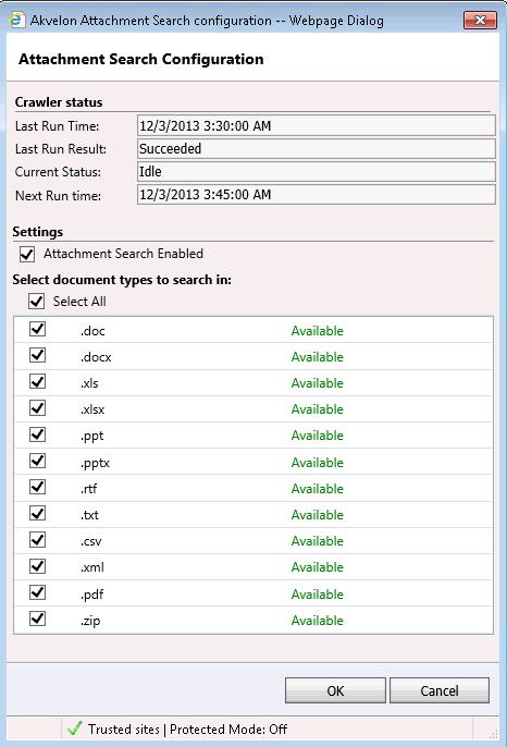 Figure 31 Attachment Search Configuration window Check the Attachment search enabled check box. Check the formats required and click OK.