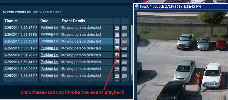 From the rule settings under the Rules tab you can see that the rule is configured to generate an event if a person loiters in the specified area for 10 seconds or longer.