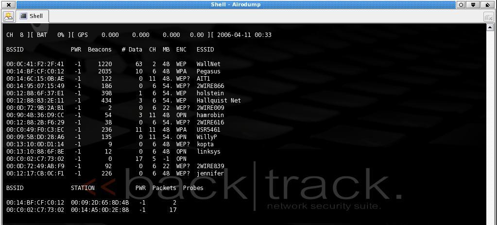 Schade - 4 beta version 05022006 (http://www.remoteexploit.org/index.php/backtrack_downloads). The first step in any attack is to gain information about the network that you want to access.