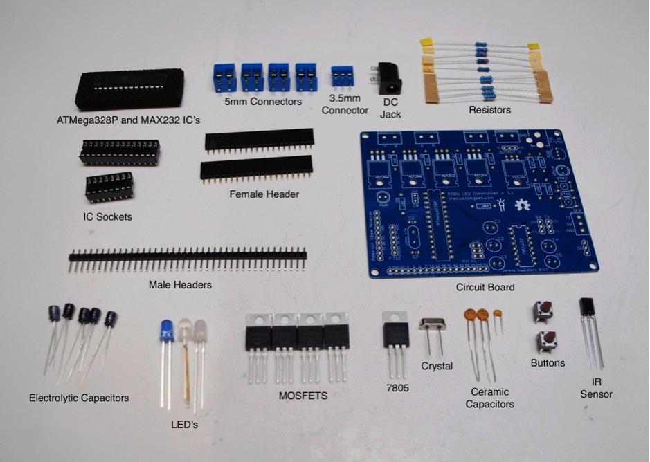 Getting Started Parts list - You should have received the following parts: (1) Circuit Board, (1) ATMega328 and (1) MAX232 ICs, (4) 5mm 2 position Connectors, (1) 3.