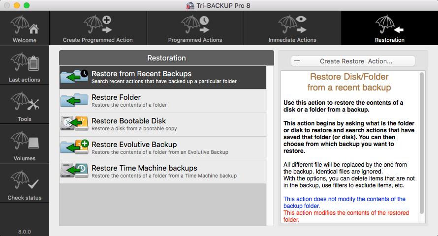 Restoration This panel displays the options for restoration. By the principle used by Tri-BACKUP for its backups (i.e. copying files to the same preserving the folder hierarchy), you have multiple