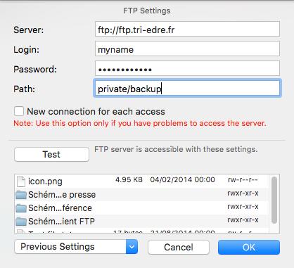 Note: In the editor of the FTP server, a "Test" button allows you to verify that your settings are correct to access the server (the server content is displayed in the list).