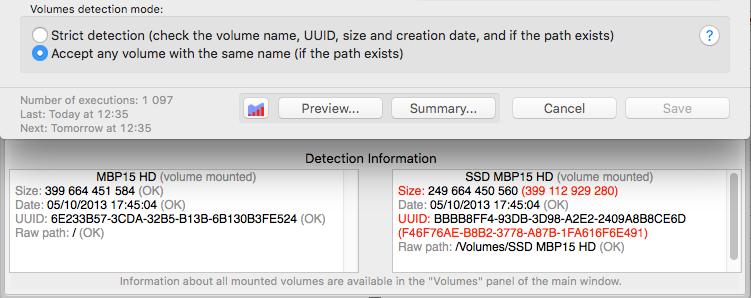 For example, in the screenshot below, the size of the initial "SSD MBP15 HD" disk is different from the size of the mounted disc, and the UUID (unique volume identifier) is also different.