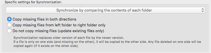 You can use two modes of synchronization (from the popup menu): - Direct synchronization (Synchronize by comparing the contents of each folder) compares the content to replace the old files with new