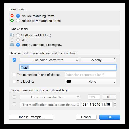 Filter Editor The edit dialog displays various filter options: - Filter Mode: A filter can be used to exclude certain items (eg exclude all files that are larger than 10 MB) or instead to include