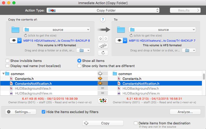 Window of an immediate action Opening an immediate action opens a window displaying the contents of the selected folders and information for comparison and possible operations.