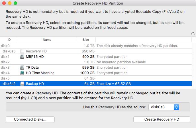 Tri-BACKUP allows you to create this Recovery HD partition on a drive, and copy the contents of an existing Recovery HD partition. The function is accessed through the Tools menu.