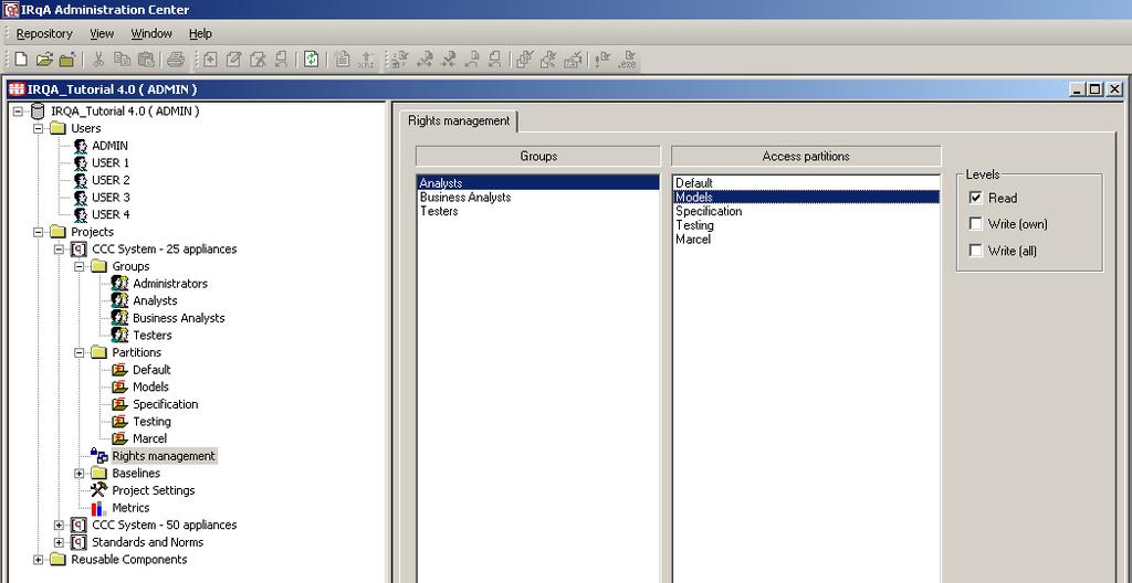 Example of the IRQA Admin centre showing the rights management capabilities.