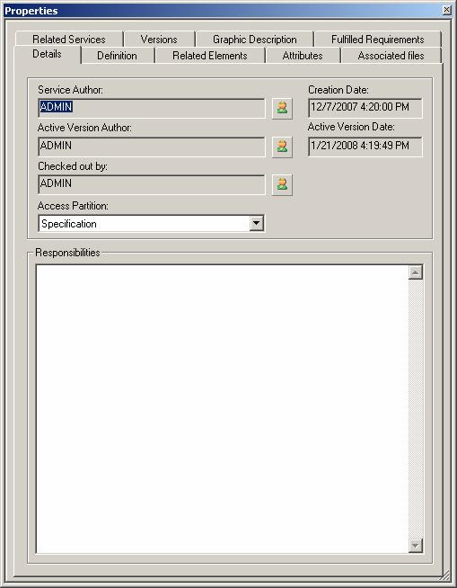 This panel is formed by a set of tabs that show the information in an organized manner. These tabs are as follows: Details. Definition. Related Elements. Blocks and Attributes. Associated files.