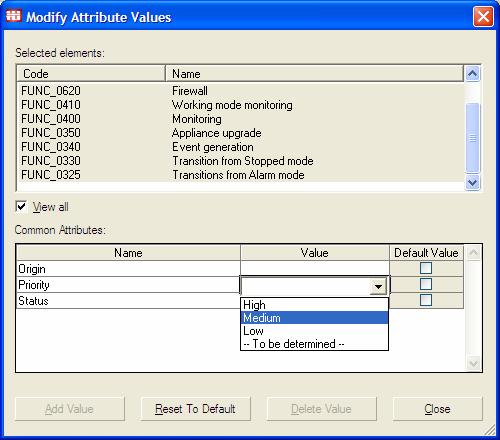 At the top, the user must select the list of elements to modify the values of attributes. If the option See all is checked, this list will show all selected elements.