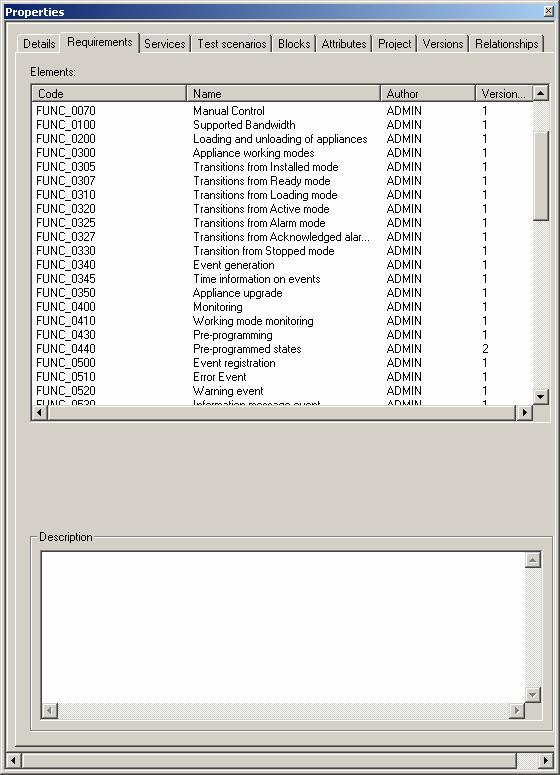 This tab shows the list of requirements that belong to the selected component. For every requirement, the code, name, version included in the component, and author of this version, can be seen.