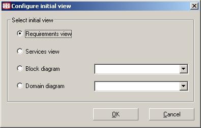 In this dialog the user must mark the view he wants from the following options: Requirements view: When the project is opened, it will show the predetermined requirements view.