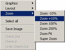 Reduce the diagram size by 10%. Increase the diagram size by 10%. Zoom 100%. Zoom 200%. Zoom Fit, adjusts the diagram to the screen size. Zoom selected by the user.