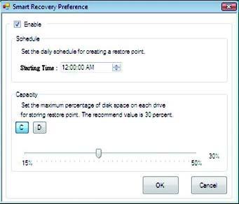 The Smart Recovery Preference dialog box: Button Function (Note 2) Enable Enables automatic daily backup Schedule Sets a daily backup schedule Capacity Sets the percentage of hard drive space (Note