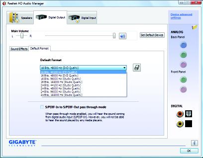 Configuring S/PDIF In: On the Digital Input screen, click the