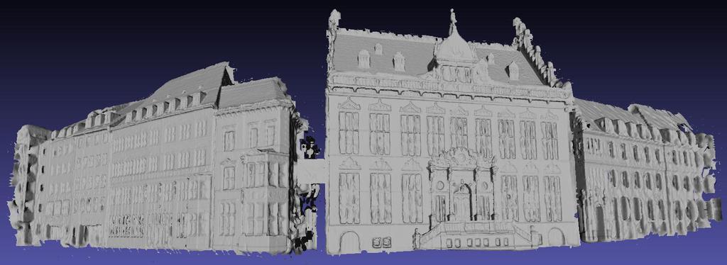 Mesh surface obtained using Poisson surface reconstruction on the individual building faades. Close-up view of the point cloud for the selected area in subfigure.