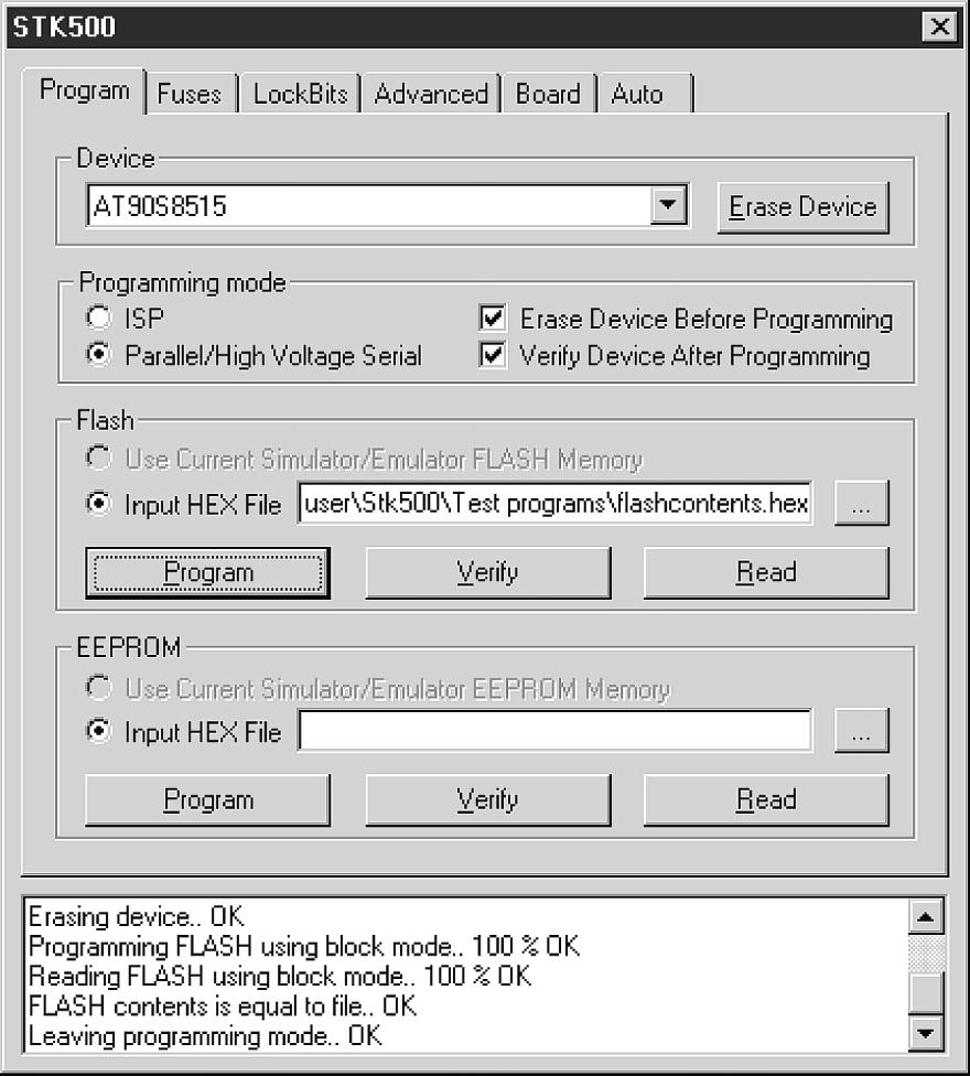 Using AVR Studio 5.3.6.1 Setting Up the System for Auto-programming 5.3.6.2 Logging the Auto-programming to a File Click on the check boxes for the commands that you want the STK500 user interface to perform.