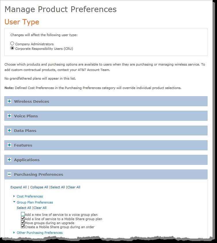 AT&T Mobile Share Setup Guide for Administrators Group preferences and plans Step 2 Selecting group plan preferences If requested, select a user type.