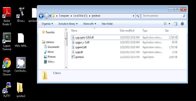 Client network setup 3. Verify the following files are installed in the ipmitool folder you created. cygcrypto-1.0.0.dll cyggcc_s-1.dll cygwin1.dll cygz.dll ipmitool.exe Figure 6.