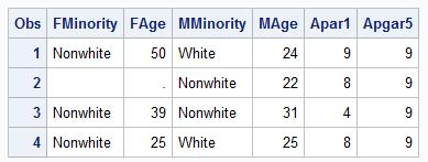 Now, suppose the goal is to read in only information for which the Father Minority = Nonwhite. You could modify the code as follows: DATA NC_Birth; INFILE '/folders/myfolders/datastep_ncbirth.