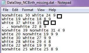 The FIRSTOBS option in the INFILE statement can be used to tell SAS to skip over the first row when reading in the data file. DATA NC_Birth; INFILE '/folders/myfolders/ncbirth_with_names.