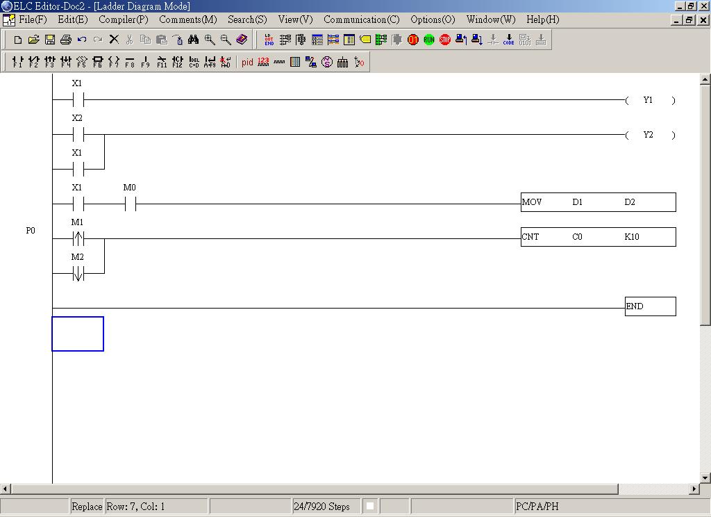 4 Ladder Diagram Mode After the ladder diagram is completed, you can compiler and convert the completed ladder diagram to instruction code and SFC diagram.