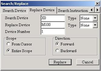 4 Ladder Diagram Mode If enter device name Y1 in the Search Device box and specify the type Fun. from the type list box (refer to the dialog box shown below). Then, press the button Search.