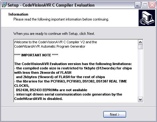 8. CodeVisionAVR Evaluation installation process. Picture 8 CodeVisionAVR Evaluation Installation Process Screen 9.
