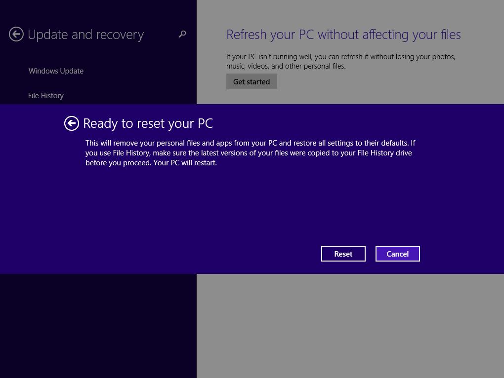 READY TO RESET YOUR PC Click Reset to begin the restore process.