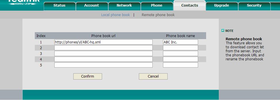 Contacts - Remote Phone Book Page Use this page to upload your company s centralized phone book to your phone. This phone book can store up to 500 contact entries.