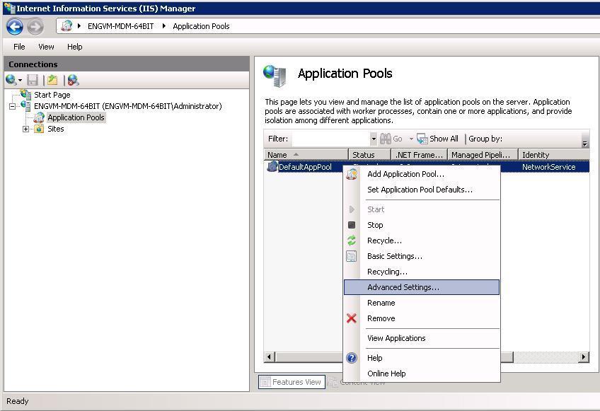 In the left menu, expand the server and select Application Pools. 3.
