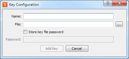 Private Keys 14. If you are using SSH, you can upload a key file to use by going to the Private Keys tab and clicking Add. 15. Give this key a Name and browse to the key File you wish to use.
