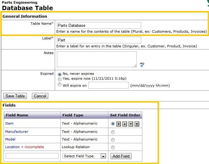 Page 33 of 38 2. Define a New, Main Database Table. Select Manage Database from your Org Admin menu. Next you will click [new table] in the database editor.