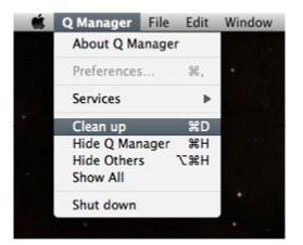 Q Manager Menu options The Q Manager menu offers a Clean up process. Over time your sessions, while being removed from view, may cause your Q Manager database to become very large.