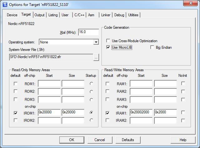 4. Select the Target tab. 5. In Read/Only Memory Areas, define values for Start and Size. 6. In Read/Write Memory Areas, define values for Start and Size as seen in Figure 24. 7. Click OK.