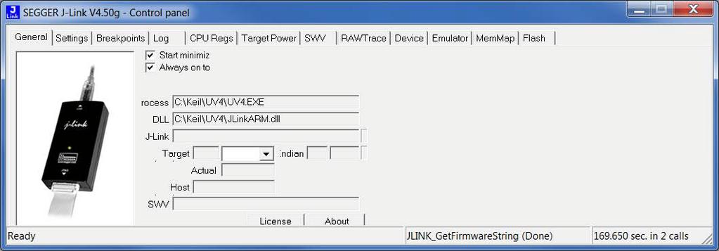 Note: If the SEGGER J-Link Lite firmware requires an update you will be prompted with the message A new firmware