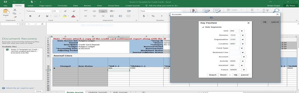 3. By double-clicking on any cell within the body of the entry, the excel spreadsheet will prompt to connect to the Oracle Financial Management System.