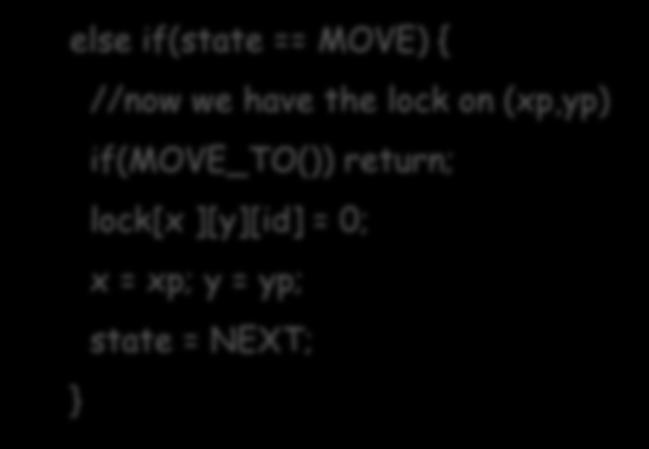 = 0)) return; lock[xp][yp][id] = 1; else if(state == MOVE) { //now we have the lock on (xp,yp) if(move_to()) return; lock[x ][y][id] = 0; x = xp; y = yp;