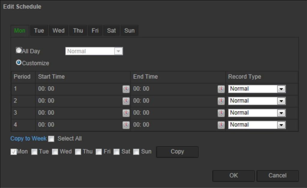 Click Edit to edit the recording schedule. The following window appears: 4.
