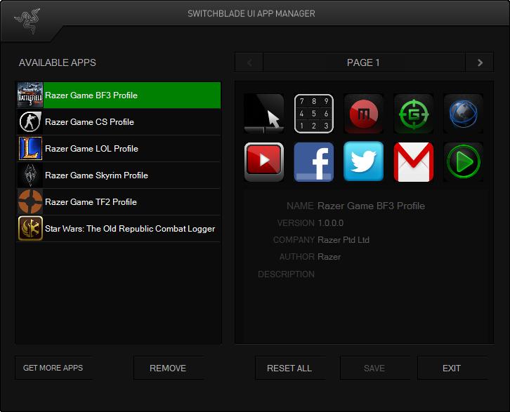 Apps Tab The Apps Tab enables you to add or edit game specific apps for your Switchblade User Interface. After selecting the Apps Tab, the Switchblade UI App Manager will appear.