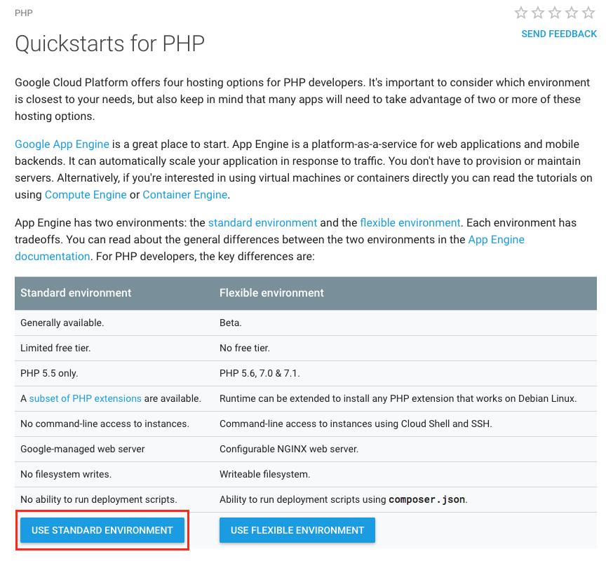 5. The Quickstart for PHP App Engine Standard Environment page at: https://cloud.google.com/appengine/docs/standard/php/quickstart 6.
