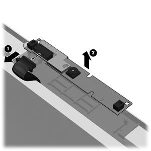 11. If it is necessary to replace the webcam module (shown in the following image) or microphone module from the display enclosure, disconnect the cable from the module (1), and then gently pull the