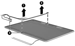 18. To remove the display cable (1) or webcam cable (2) from the display enclosure, remove the cable from the clips (3) and routing paths in the display enclosure.