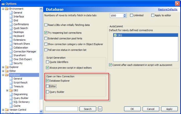 To specify what features (if any) should be opened automatically when a DB2 connection is established, use the settings highlighted