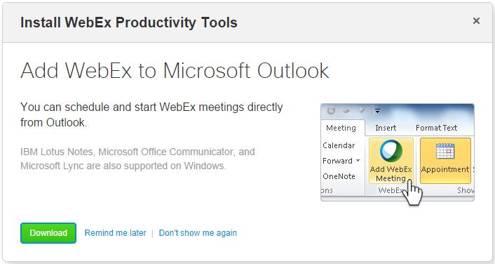 First, you must install Productivity Tools from your WebEx site. This will allow you to schedule WebEx meetings through Outlook.