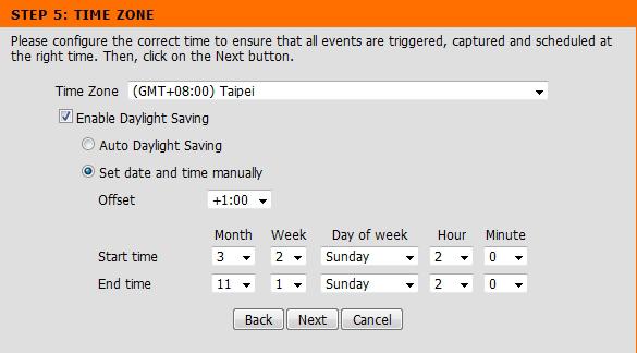 Section 3 - Configuration Select the time zone that the camera is in so that scheduled events occur at the correct time.