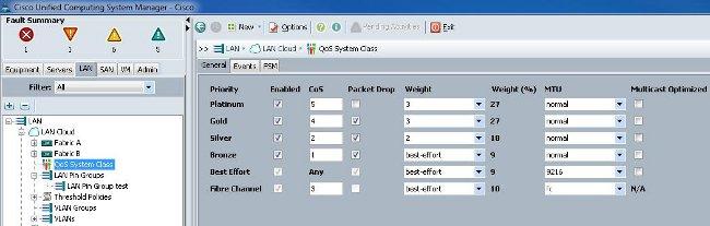 1. From the UCS GUI, click the LAN tab. 2. Navigate to LAN > LAN Cloud > QoS System Class. 3.
