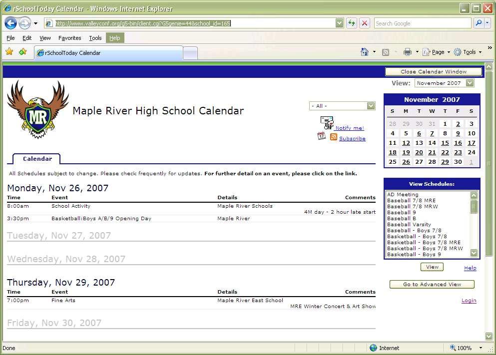 Maple River Activity Schedule Information User Guide Go to Maple River School web page www.isd2135.k12.mn.us and click on Activity Schedules You should see the following screen: 1 4 2 3 5 6 1.