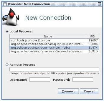 For an example, see below. Figure 65: JConsole new connection 3. Choose a local connection to the JMX server instance and click Connect.